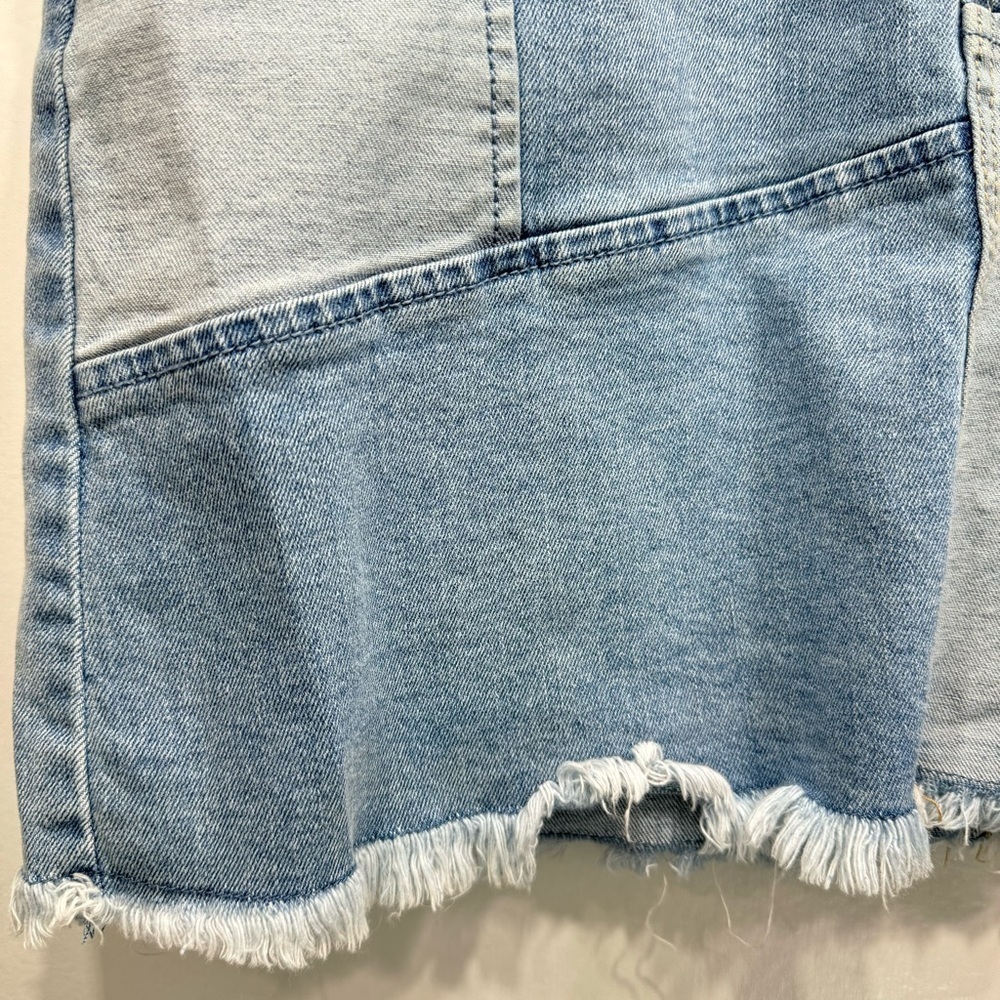 Patchwork Denim Y2K Frayed Fringe Raw Hem Mini Skirt No Boundaries NOBO Jeans - Picture 3 of 7